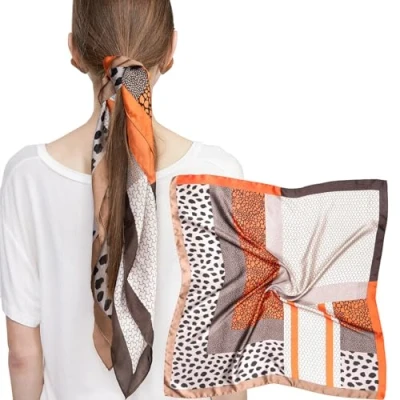 Image of MEANBEAUTY 27.5&quot; Square Silk Like Head Scarf for Women Satin Bandana Scarves Neck Scarfs Hair Wrapping at Night(Orange pattern stitching)