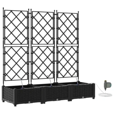 Image of vidaXL garden planter box black rectangular 120x40x126 cm water resistant rattan look for indoor/outdoor use with trellis and irrigation system