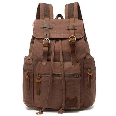Image of Canvas Backpack Unisex Vintage Casual Rucksack 17 inch Laptop Daypacks Schoolbag College Student Bookbag Hiking Camping Travel Bag Coffee