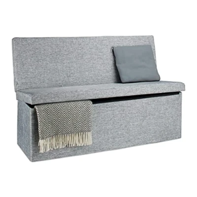 Image of Relaxdays Folding XL Storage Ottoman with Seat Back, 73 x 114 38 cm Sturdy Footstool Bench Linen Removable Lid, Grey