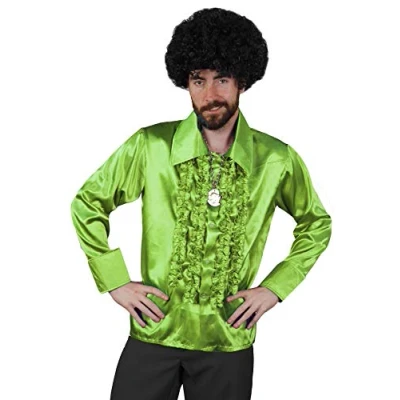 Image of I Love Fancy Dress ILFD4603XXL Neon Green Disco Shirt Mens Deluxe Ruffle 1970&#039;s King XXL