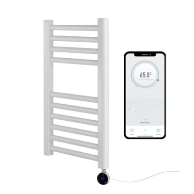 Image of Greened House White Electric Smart WiFi Controlled Heated Towel Rail 400mm W x 600mm H 7 Day Programmable Timer App Compatibility (White + Chrome Element)
