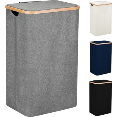 Image of SG Traders 100L Laundry Hamper with Lid Large Hampers for Handles Baskets Bedrooms Bamboo Bathroom Tall Bin (Dark Grey)