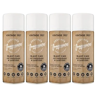 Image of Designer Fragrances 4 Pack Vintage 1957 Air Freshener Blast Cans For Home &amp; Vehicles Natural Oils, Luxury Lasting Smell, Dry Mist Quick Release Spray Deodorise Neutralise Odours 400ml