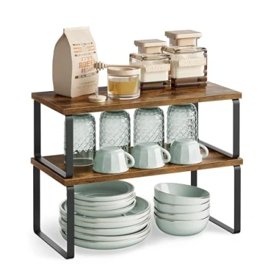 Image of SONGMICS Spice Rack, Set of 2 Cupboard Shelf Organisers, Expandable Kitchen Organiser, Stackable Holder, Metal and Engineered Wood, Ink Black Rustic Brown KCS200X01