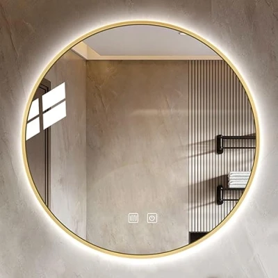 Image of ZYLEDW Round Illuminated Bathroom Mirror Wall Mounted Anti Fog Vanity Metal Frame Backlit Makeup 3 LED Light Color Dimmable IP44 Waterproof, Double Touch