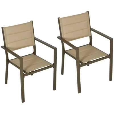 Image of Outsunny 2 Pieces Garden Dining Chairs, Aluminium Outdoor Armchair for with Breathable Mesh Fabric, Stackable Design, Khaki