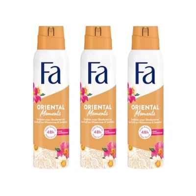 Image of Fa Oriental Moments Deodorant Spray (3 x 150 ml), with the Delicate Fragrance of Desert Rose and Sandalwood, without Aluminium for up to 48 Hours Protection, Leaves No