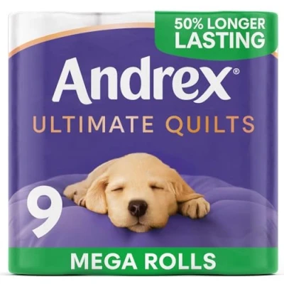 Image of Andrex Ultimate Quilts Toilet Tissue 9 Mega Rolls 13.5 Standard Rolls, Air Pocket Technology for Soft, Thick Sheets (Previously Supreme Paper)