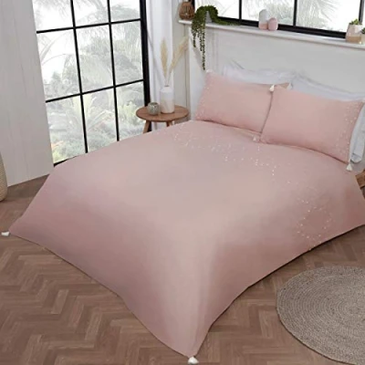 Image of Sleepdown Luxury Boho Embroidered Panel Band Plain Blush Pink White Tassels Easy Care Soft Cosy Duvet Cover Quilt Bedding Set with Pillowcases Double (200cm x 200cm), Polycotton