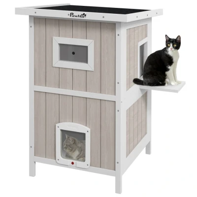 Image of PawHut Outdoor Cat House, Wooden Shelter 2 Tiers Feral house with Removable Bottom, Escape Doors, Asphalt Roof, for 1 Cats Light Grey