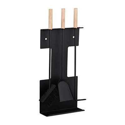 Image of Relaxdays Modern Fireplace Set, 4 Piece Companion Tools, Shovel, Broom, Poker and Stand, Black