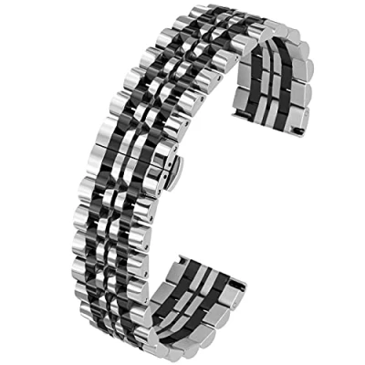 Image of 5 Colors for Flexible Watch Strap Polished 7 Rows 20mm 22mm Stainless Steel Band Quick Release Metal Bracelet Deployment Clasp (22mm, Silver+IP Black)
