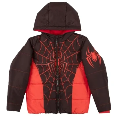 Image of Marvel Winter Coat for Boys Spider Man Graphic Print Puffer Jacket Big and Little Kids (Black Red Size 18)