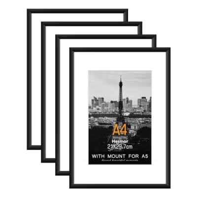 Image of Hesmor A4 Aluminum Acrylic Picture Frames Black 8 x 12 inch Certificate Frames, Set of 4 Poster with Mount for A5 Prints, Clear Plexiglass, Table Top and Wall Mounting Options