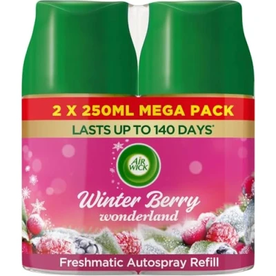 Image of Air Wick Automatic Freshener Freshmatic Spray Twin Refills Odour Neutraliser, Bathroom and Room FreshenerWinter Berry Wonderland2 x 250ml RefillsLasts Up to 140 Days (70 per refill)