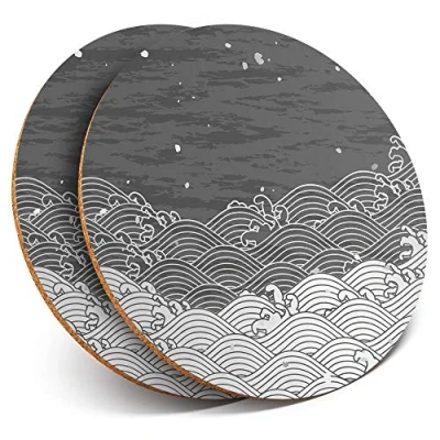 Image of 2 x Round Coasters Japanese en Great Wave Cork Backed Home Kitchen Accessory Tea Coffee Mug Mat #38609