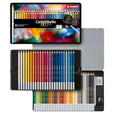 Image of STABILO Chalk Pastel Pencil CarbOthello ARTY+ Tin of 60 Assorted Colours with Sharpener, Kneaded Eraser and Blending Stump