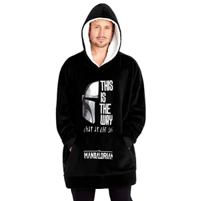 Image of Disney The Mandalorian Mens Hoodies Fleece Oversized Blanket Hoodie Baby Yoda (Black/White)