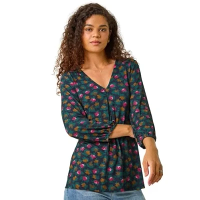 Image of Roman Originals Pleat Front Top for Women UK Ladies Pleated Shirt Notch V Neck Blouse Summer Tunic Spring Pull On Comfy Soft Evening Holiday Vacation Work Party Everyday Teal Size 18