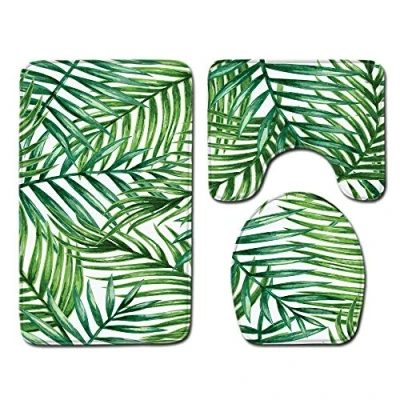 Image of Shinewe 3 Pieces Bathroom Rug Set Pedestal Mat Non Slip Bath Toilet Lid Cover (Green Leaf)