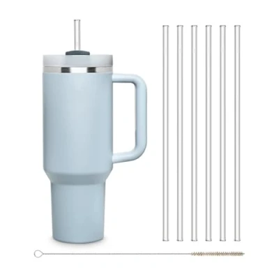 Image of Halm Glass Straws 6 Reusable Drinking 12 Inch for Water Bottles + Plastic Free Cleaning Brush Dishwasher Safe Straight Made in Germany