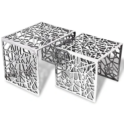 Image of vidaXL Two Piece Side Tables in Silver: Lightweight Aluminium, Nesting Square for Living Room, Dining Office, Stylish Design Table with Durable Construction