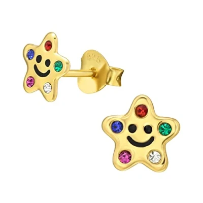 Image of The Rose &amp; Silver Company Women Girls 925 Sterling Gold Plated Crystals Star Stud Earrings