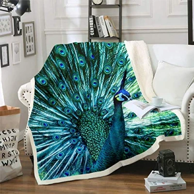 Image of Peacock Sherpa Blanket Animal Theme Fleece Throw for Kids Boys Girls Feathers Design Plush Soft Microfiber Fuzzy Sofa Bed Couch Double 60x79 Inch
