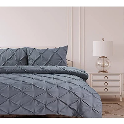 Image of Bronwen Mathews Pintuck Grey Super King Size Duvet Set Pinch Pleat Soft Microfibre Quilt Cover with 2 Pillowcases, Easy Care Wrinkle Free SuperKing Bedding of 3 Pcs (Grey, S.King Set)