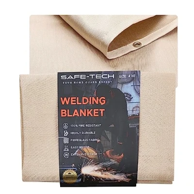 Image of SAFE TECH Fireproof Welding Blanket, 4x6ft Protective Blanket Safety Fiberglass Fire Used, with Hanging and Protection from Sparks &amp; Splatters