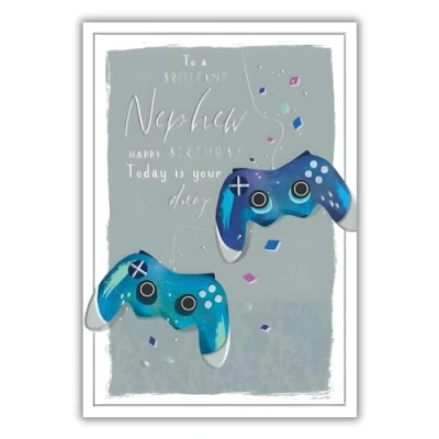 Image of Nephew Birthday Card Brilliant Modern Gaming Design Special Finishes and Illustrated Insert Leaf Made in the UK Eco Friendly