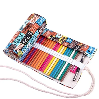 Image of Amoyie Hand Roll Up Bag Canvas Organiser for 72 Coloring Pencil Artist Pen Carrier Wrap Kid Adult (No Included)
