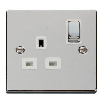 Image of Click Scolmore Decorative Ingot 1 Gang Double Pole Switched Socket 13 A Polished Chrome White VPCH535WH