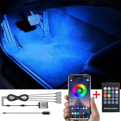 Image of TABEN RGB Car Footwell Ambient Lighting Kit APP Control + RF Remote Control, 16.7 Millions Colors Sound Active Music Sync USB Cable Interior Atmosphere Light DC 12V