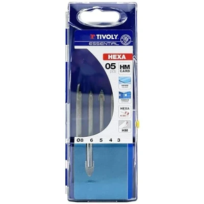 Image of TIVOLY 12000770001 Set of 5 Technic Glass Drills, Diagonal Shank Diameter 3, 4, 5, 6, 8 mm Hex