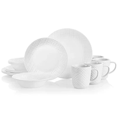 Image of Corelle Linen Weave Embossed 16 Piece Dinnerware Set, Service for 4,White, ‎28.5 x 14 27 cm; 362.87 Grams