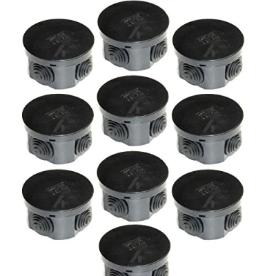 Image of 10 x Black Junction Box Round 65mm Cable Connector IP44 Splashproof with Rubber Grommets and Snap On Lid 65x35
