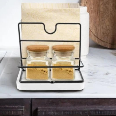 Image of Napkin Holder with Salt and Pepper Shakers Caddy, Metal Cutlery Serviette Dispenser Marble Base Paper Standing Storage for Kitchen Dining Room Restaurant Table(Marble)