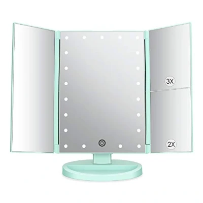 Image of deweisn Tri Fold Lighted Vanity Mirror with 21 LED Lights, Touch Screen and 3X/2X/1X Magnification Mirror, Two power Supply Mode Tabletop Makeup mirror,Travel Cosmetic (Green)