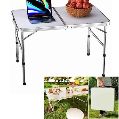 Image of QiMu 3ft Camping Table Portable Lightweight Catering Folding Picnic with Carry Handle,Folding Adjustable Height,Aluminium Trestle Dining