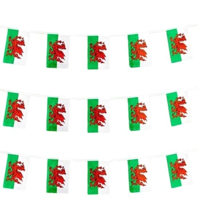 Image of SHATCHI Fabric Welsh Bunting Polyester Banner 30 Flags For Street Party Football Rugby Cricket Day World Cup Decoration Support,red,33ft/10m