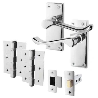 Image of EAI Polished Chrome Victorian Scroll Door Handle Latch Set 1 Pair of Internal Lever Handles on Backplate with Hinges (76mm) &amp; (64mm)