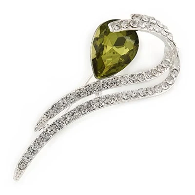 Image of Avalaya Clear Crystal, Olive CZ Modern Leaf Brooch in Rhodium Plating 60mm