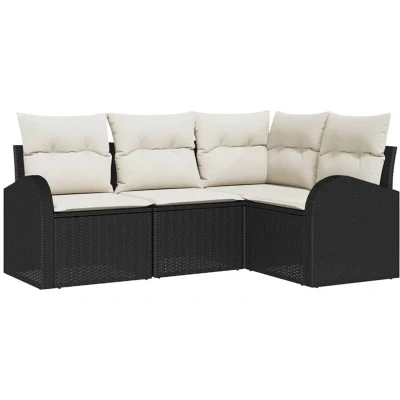 Image of vidaXL 4 Piece Garden Sofa Set with Cushions in Black Poly Rattan