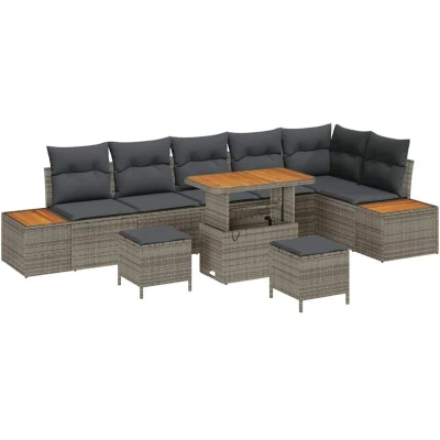 Image of Vidaxl 9 Piece Garden Sofa Set with Cushions Grey Poly Rattan Acacia