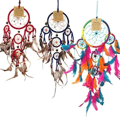 Image of VIE Natural Dream Catcher Bundle, 3 Items 9cm (Red), (Blue), 11cm (Rainbow)