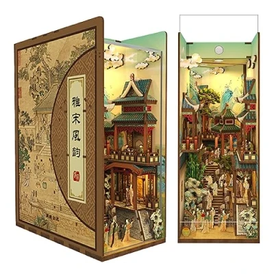 Image of Tonecheer DIY Book Nook Kit for Adults, Wooden 3D Puzzle Bookend Bookshelf Insert Decor, Chinese Booknook Miniature House with Dust Cover and Body Motion Sensor LED (Song Dynasty Culture)