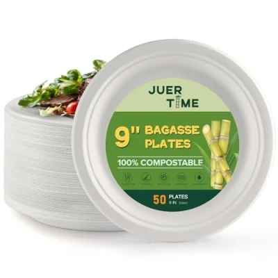 Image of Juertime Strong Disposable Paper Plates 9 inch Heavy Duty Bagasse Biodegradable White Eco Friendly &amp; Compostable Party [50 Pack]