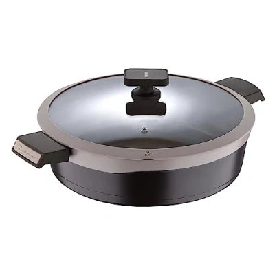 Image of MasterPro Shallow Casserole with Glass Lid, 4.9l Gastro Induction Cast Aluminium Pot, Professional Quality, Titanium Non Stick Coating, Ovenproof